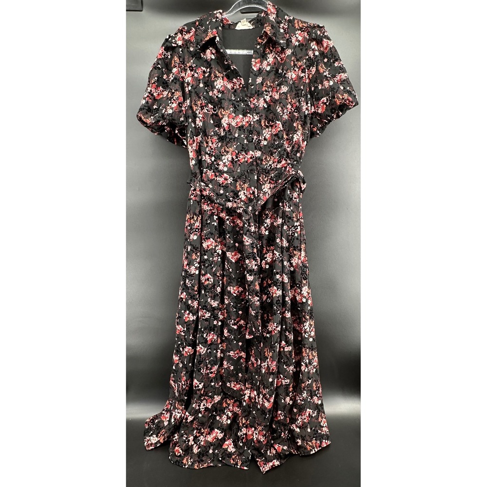 Floral Velvet Burnout Midi Dress Short Sleeve Button Front Wrap Belted Black Red